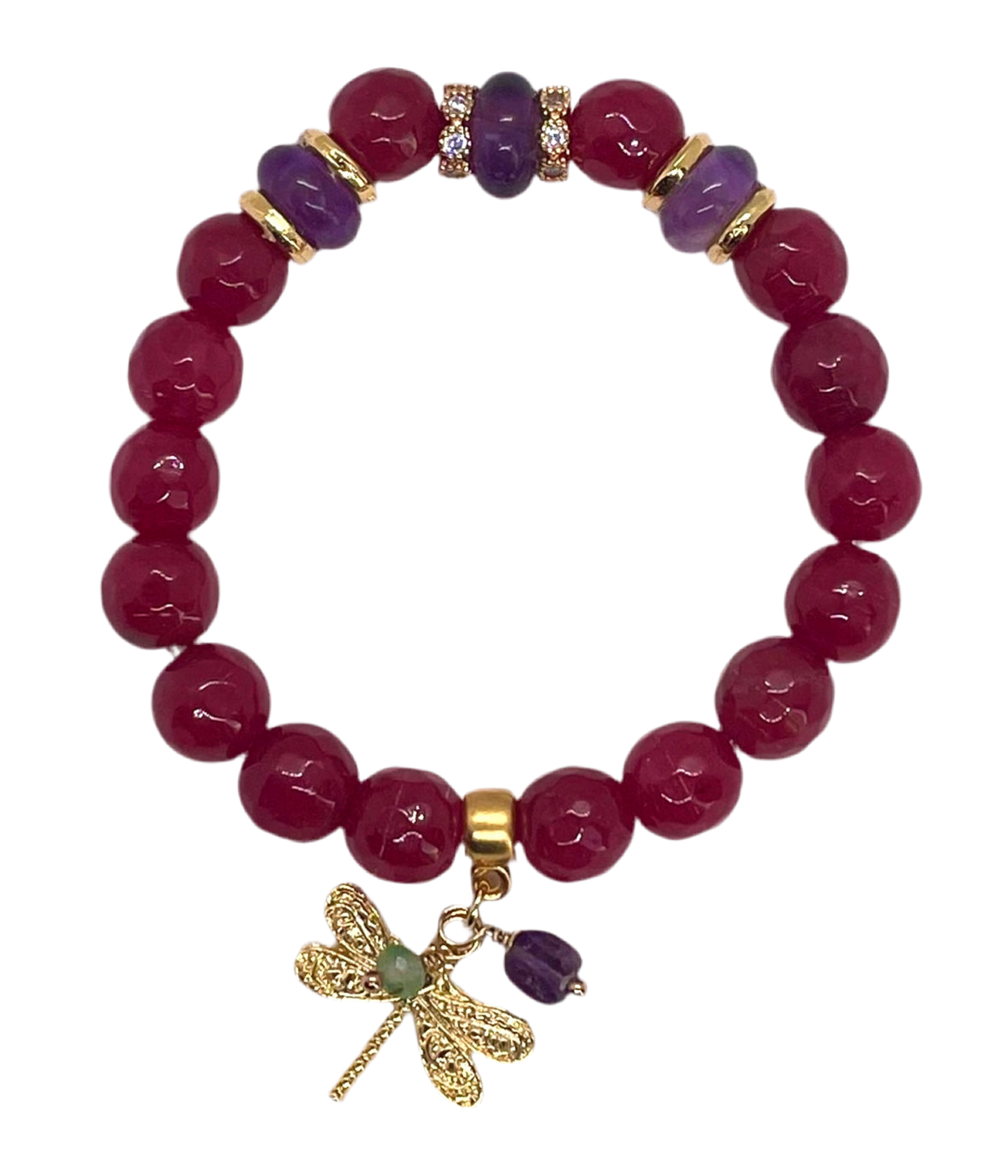 Stretch Bracelet: Pink & Purple with a Dragonfly Charm