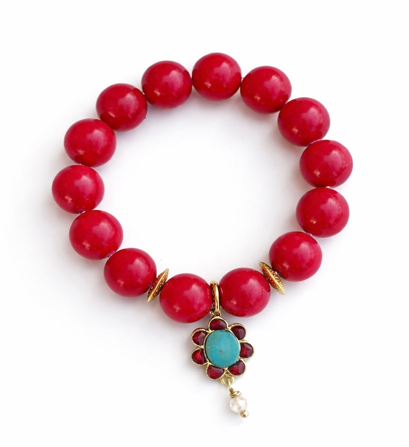 Stretch Bracelet: Red & Turquoise Flower