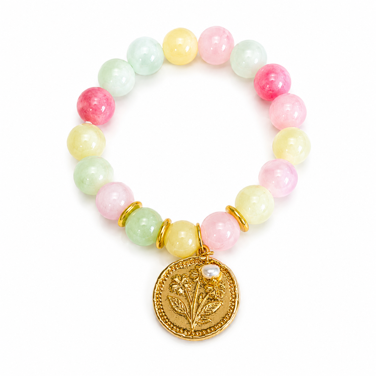 Stretch Bracelet: Botanical Bracelet in Candy, Round Charm