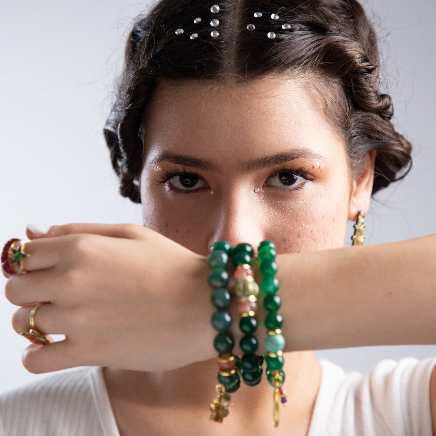 Stretch Bracelet - Green and Pink with Charm