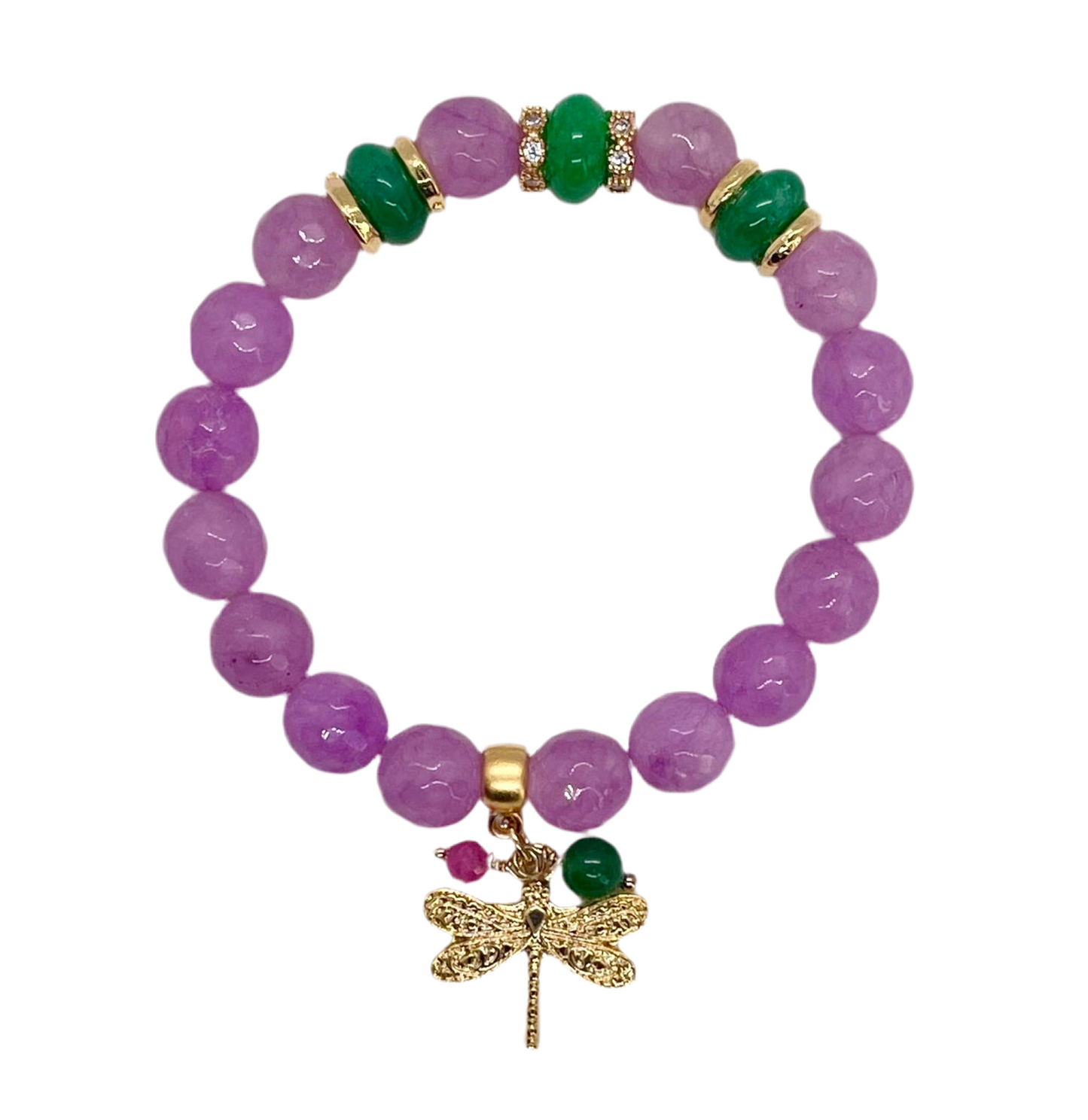Stretch Bracelet: Lilac & Jade with Dragonfly Charm