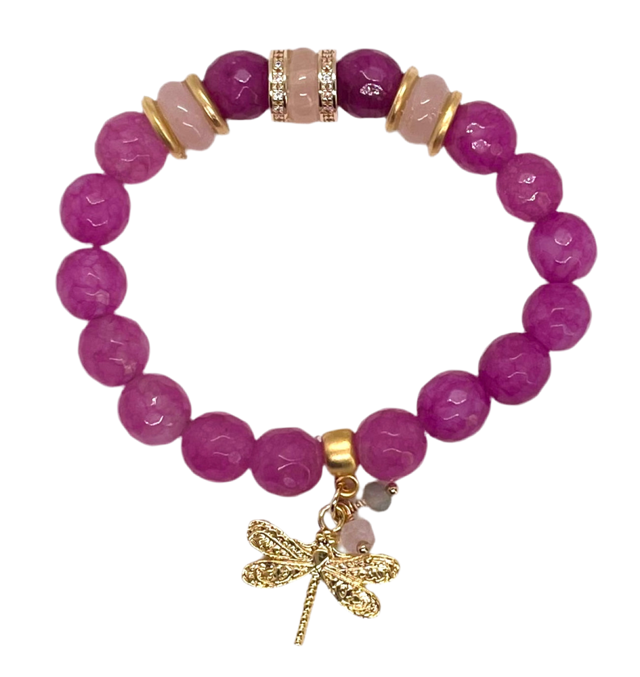 Stretch Bracelet: Pink & White with Dragonfly Charm
