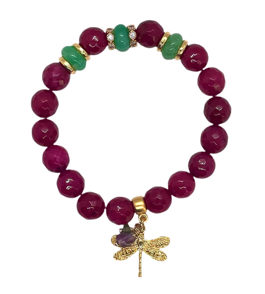 Stretch Bracelet: Pink & Jade with a Dragonfly Charm
