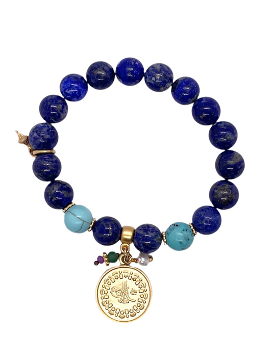 Stretch Bracelet: Lapis Lazuli with Coin Charm