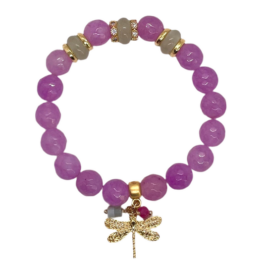 Stretch Bracelet: Lilac & Jade with Dragonfly Charm