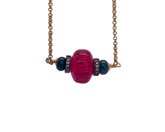 The Yuva Necklace: Deep Pink & Green with Gunmetal Accents