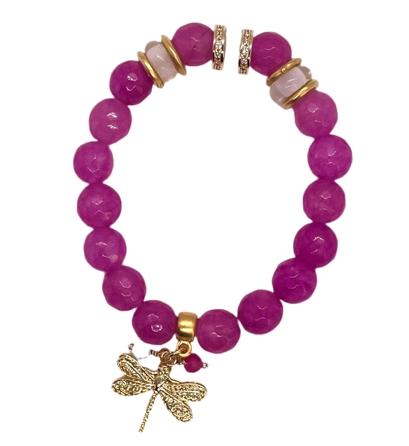 Stretch Bracelet: Pink & White with Dragonfly Charm