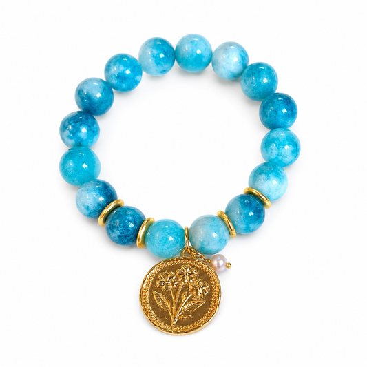 Stretch Bracelet: Botanical Bracelet in Blue, Round Charm