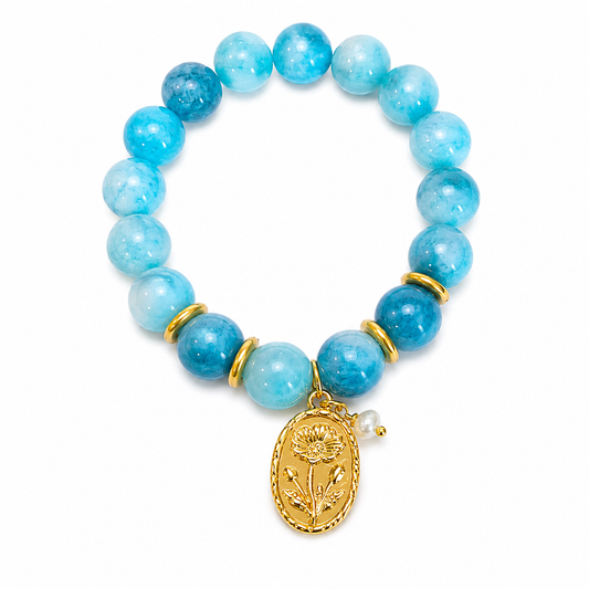 Stretch Bracelet: Botanical Bracelet in Blue, Oval Charm