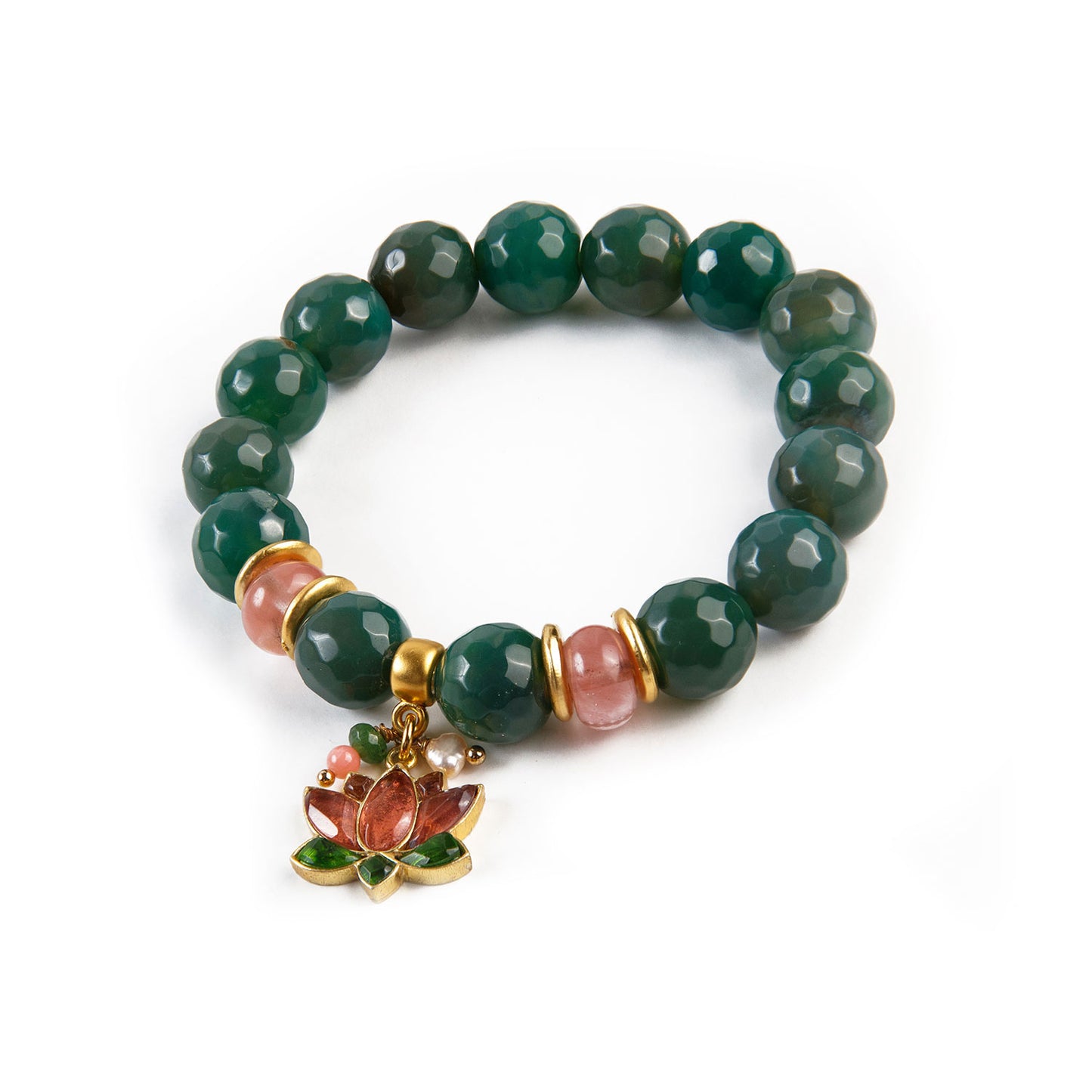 Stretch Bracelet - Green and Pink with Lotus Charm