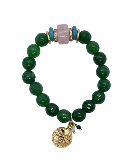 Stretch Bracelet: Green Agate with Charm