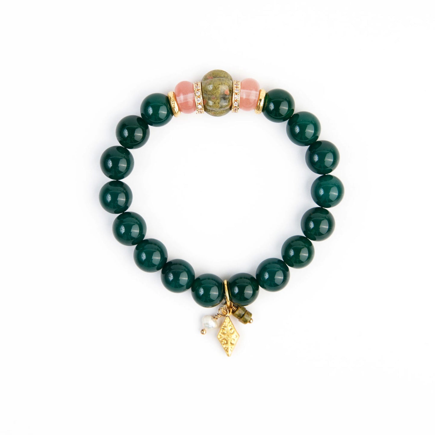 Stretch Bracelet - Green and Turquoise with Charm