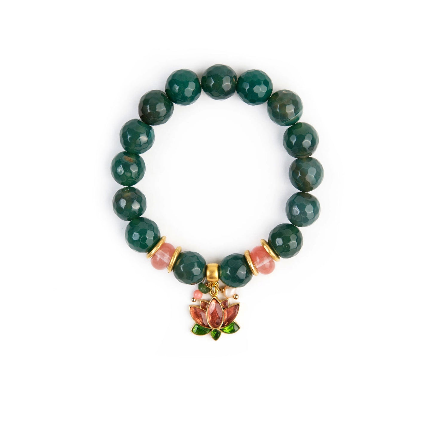 Stretch Bracelet - Green and Pink with Lotus Charm